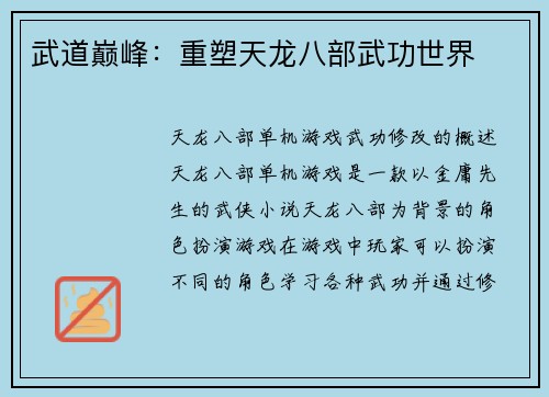 武道巅峰：重塑天龙八部武功世界